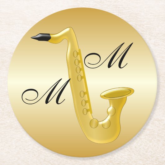 Mit Monogramm Saxophone-Gold gefärbt Runder Pappuntersetzer (Vorderseite)