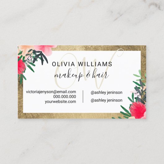 mit Monogramm, schicker Goldrahmen-Blumenschrift Visitenkarte (Rückseite)