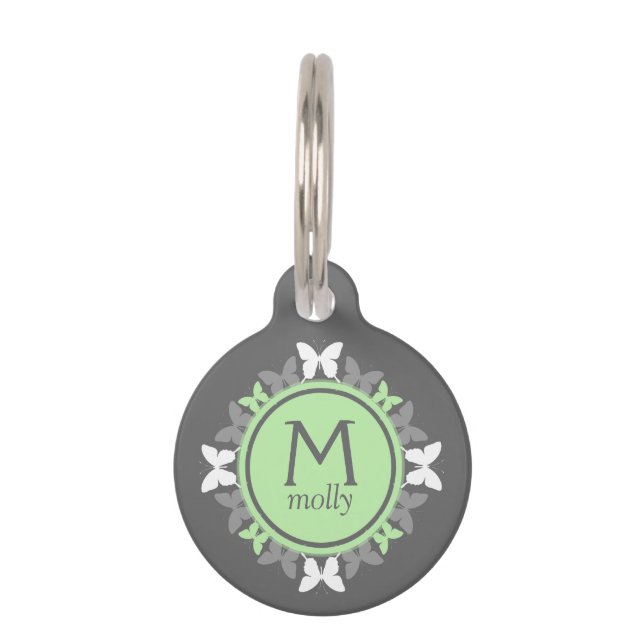 Mit Monogramm Schmetterlings-Hundeplakette - grüne Tiermarke (Vorderseite)