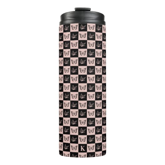 Mit Monogramm Schmetterlingsmuster aus Rosa und Sc Thermosbecher (Vorderseite)