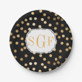 Mit Monogramm Schwarz-Gold-Glitzer-Punkte Pappteller (Vorderseite)
