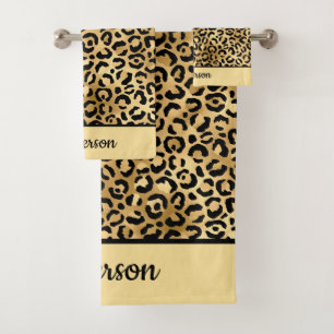 Mit Monogramm Schwarz-Gold-Leopard-PrintCheetah Badhandtuch Set