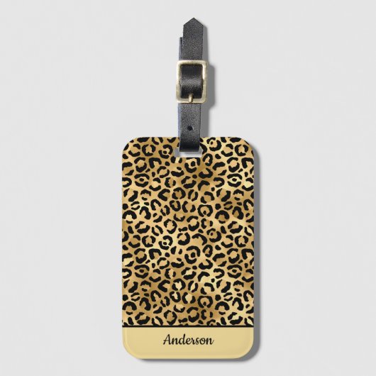Mit Monogramm Schwarz-Gold-Leopard-PrintCheetah Gepäckanhänger (Vorderseite Vertikal)
