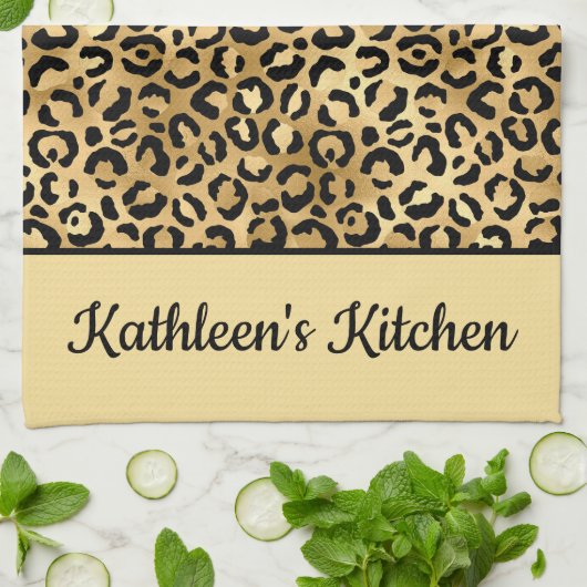 Mit Monogramm Schwarz-Gold-Leopard-PrintCheetah Geschirrtuch (Gefaltet)