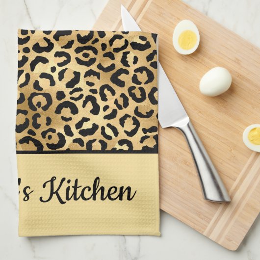 Mit Monogramm Schwarz-Gold-Leopard-PrintCheetah Geschirrtuch (Viertel Falte)