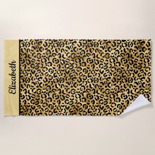 Mit Monogramm Schwarz-Gold-Leopard-PrintCheetah Strandtuch (Vorderseite)