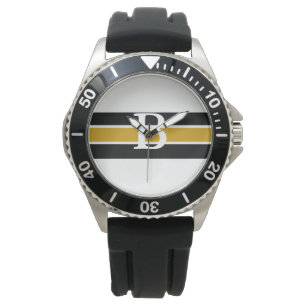 Mit Monogramm Schwarz-Gold-Streifen-Uhr Armbanduhr