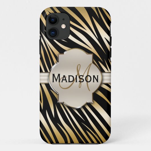 Mit Monogramm Schwarz-Gold-Zebra-Druckmuster Case-Mate iPhone Hülle (Rückseite)
