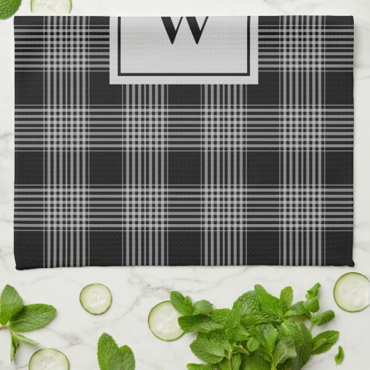 Mit Monogramm Schwarz/Grau-Schachbrettmuster Karie Geschirrtuch (Gefaltet)