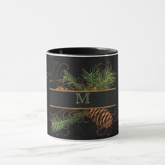 Mit Monogramm Schwarz-Pine-Cone-Holz Thema Tasse (Zentrum)