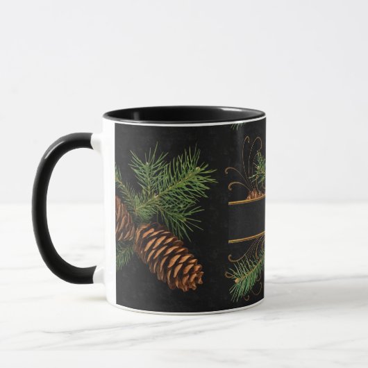 Mit Monogramm Schwarz-Pine-Cone-Holz Thema Tasse (Links)