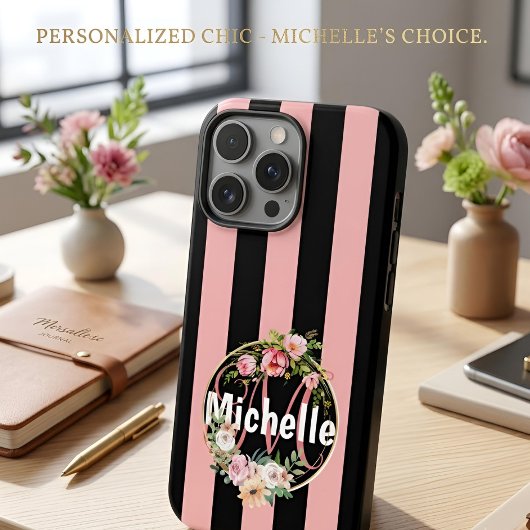 Mit Monogramm schwarz-rosa Streifen-Muster mit Blu Case-Mate iPhone Hülle