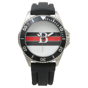Mit Monogramm Schwarz-Rot-Streifen-Uhr Armbanduhr