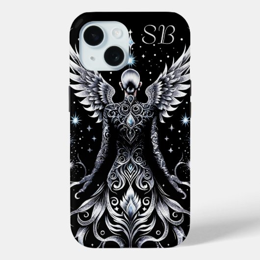 Mit Monogramm Schwarz-Silber-Tattoo-Engel Case-Mate iPhone Hülle (Rückseite)