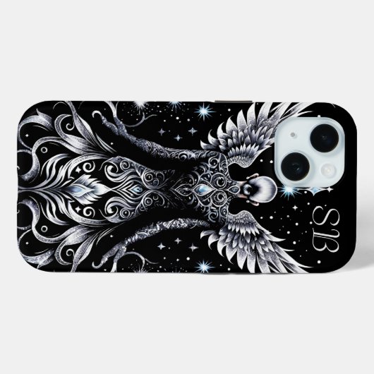 Mit Monogramm Schwarz-Silber-Tattoo-Engel Case-Mate iPhone Hülle (Rückseite (Horizontal))