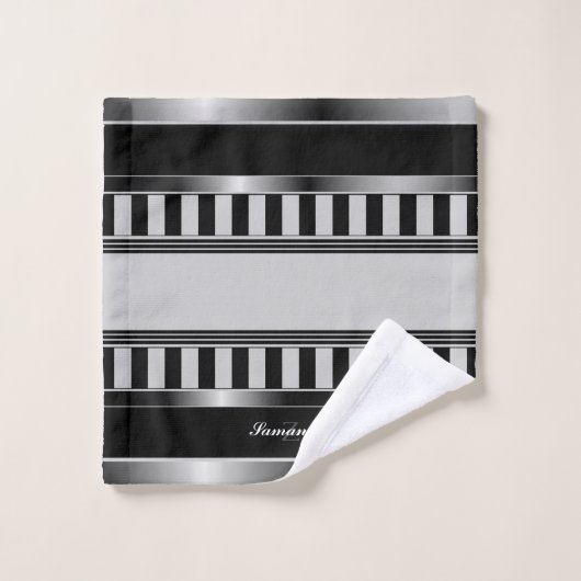 Mit Monogramm Schwarz-, Silber- und Graulinien Badhandtuch Set (Waschlappen)