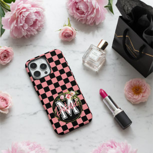 Mit Monogramm Schwarz und PINK Checkered Blume iPhone 16 Pro Max Hülle