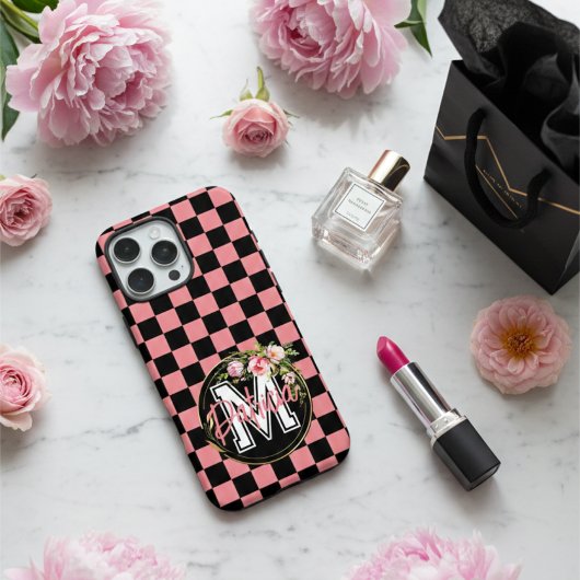 Mit Monogramm Schwarz und PINK Checkered Blume Case-Mate iPhone Hülle