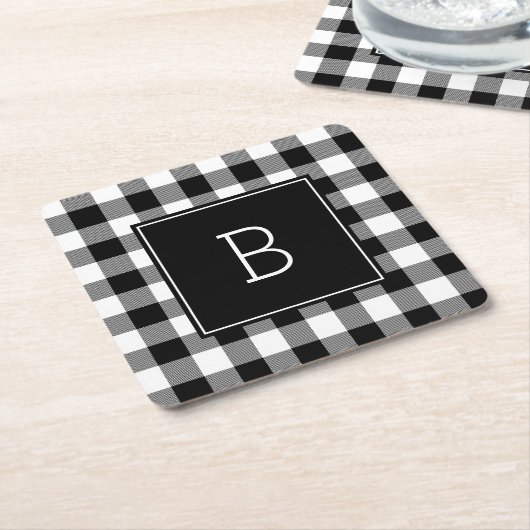 Mit Monogramm Schwarz-Weiß-Buffalo Kariert Rechteckiger Pappuntersetzer (angewinkelt)