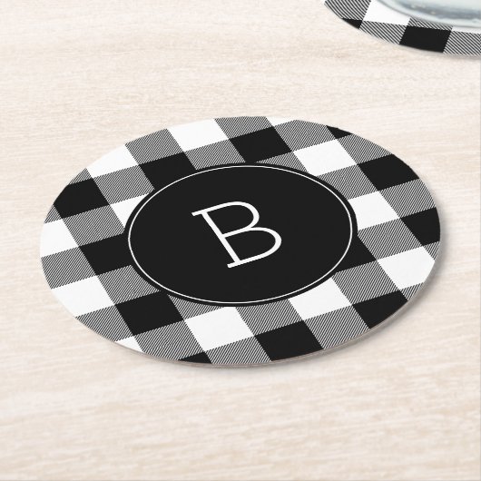 Mit Monogramm Schwarz-Weiß-Buffalo Kariert Runder Pappuntersetzer (Angewinkelt)