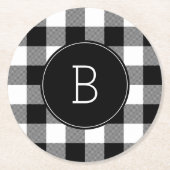 Mit Monogramm Schwarz-Weiß-Buffalo Kariert Runder Pappuntersetzer (Vorderseite)