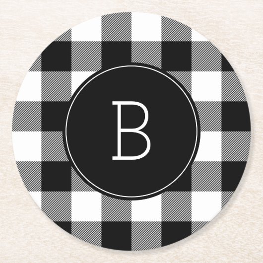Mit Monogramm Schwarz-Weiß-Buffalo Kariert Runder Pappuntersetzer (Vorderseite)