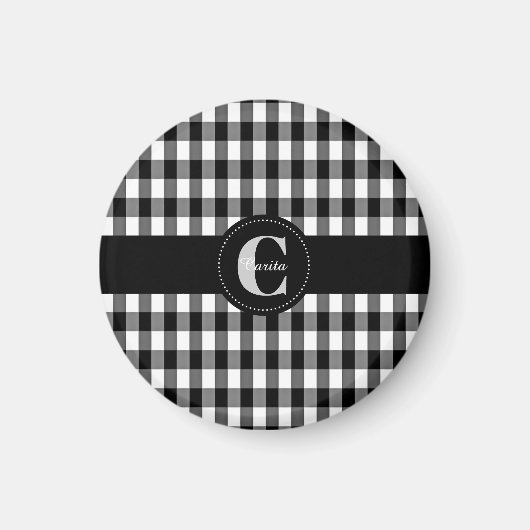 Mit Monogramm Schwarz/Weiß Gingham Magnet (Vorne)