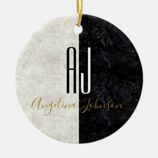 Mit Monogramm Schwarz-Weiß-Marmor Keramik Ornament (Vorne)