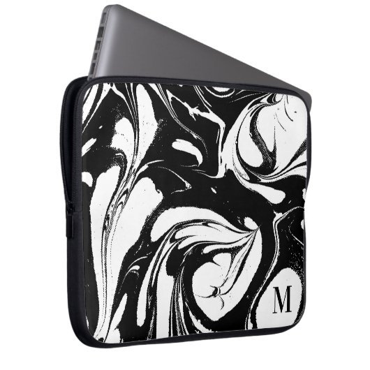 Mit Monogramm Schwarz-Weiß-Marmor-Textur Laptopschutzhülle (Vorne Rechts)