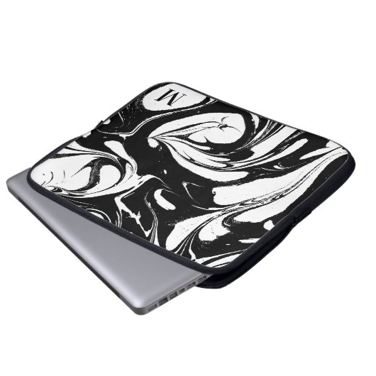Mit Monogramm Schwarz-Weiß-Marmor-Textur Laptopschutzhülle (Vorne Knopf)