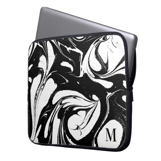 Mit Monogramm Schwarz-Weiß-Marmor-Textur Laptopschutzhülle (Vorderseite Links)