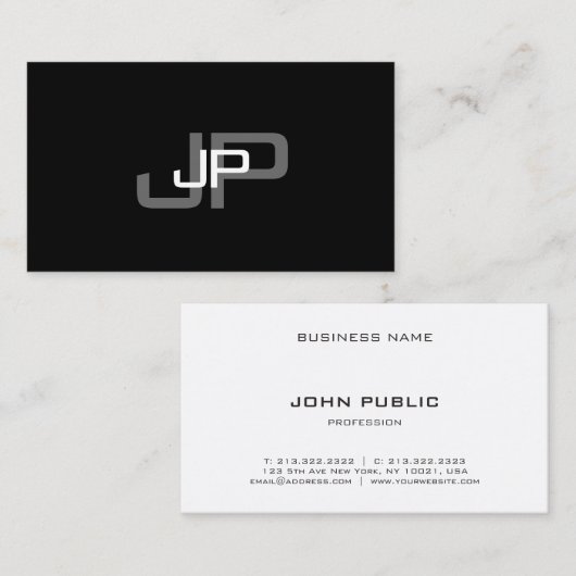 Mit Monogramm Schwarz/Weiß-Minimalistische Vorlage Visitenkarte (Vorne/Hinten)