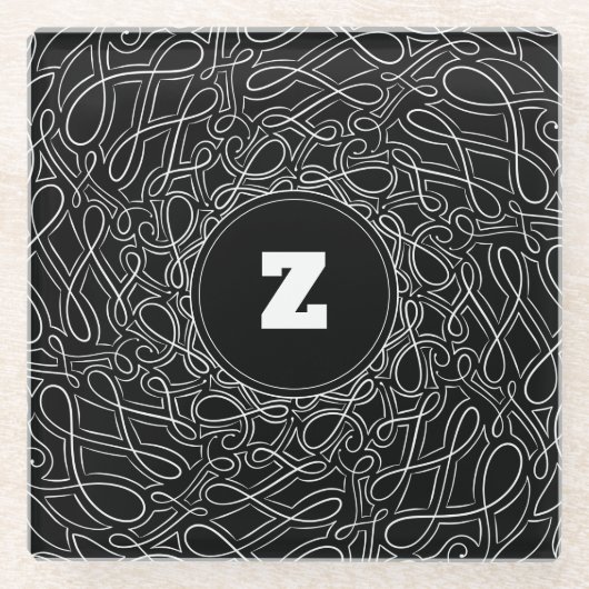 Mit Monogramm Schwarz-Weiß-Muster Swirt Moderne Glasuntersetzer (Vorderseite)