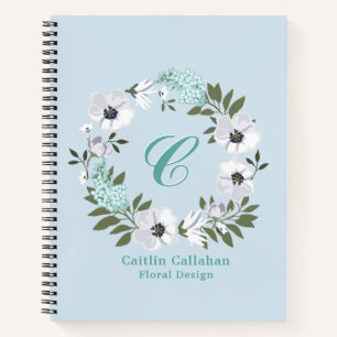 Mit Monogramm Schwarz, Weiß und Aquamarines Blumen Notizblock