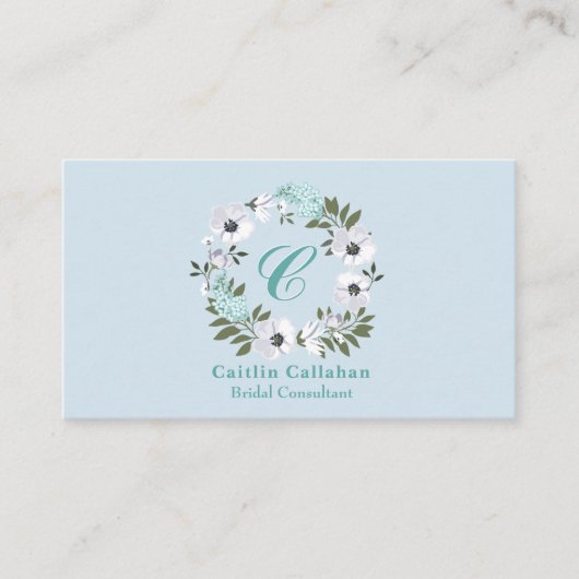 Mit Monogramm Schwarz, Weiß und Aquamarines Blumen Visitenkarte (Vorderseite)