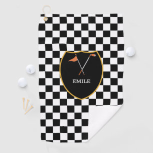 Mit Monogramm Schwarz-weiße Karo & Golf Club & Fah Golfhandtuch