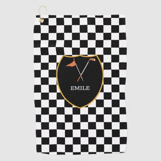 Mit Monogramm Schwarz-weiße Karo & Golf Club & Fah Golfhandtuch (Vorderseite)