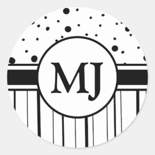Mit Monogramm Schwarz-weiße Polka-Dosen und Streif Runder Aufkleber