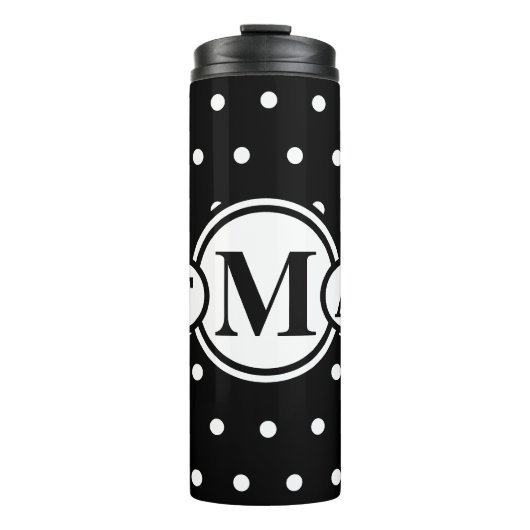 Mit Monogramm Schwarz-weiße Polka Dots Thermosbecher (Vorderseite)