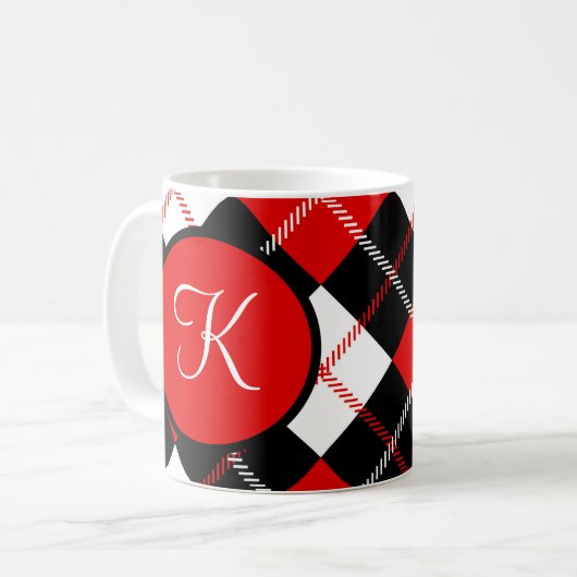 Mit Monogramm Schwarz-weiße Raute Kariert Kaffeetasse (Vorderseite Links)