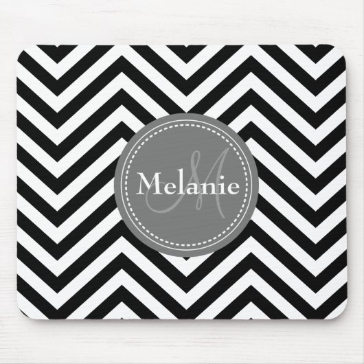 Mit Monogramm Schwarz-weiße Zickzack Quarzfolie Mousepad (Vorne)