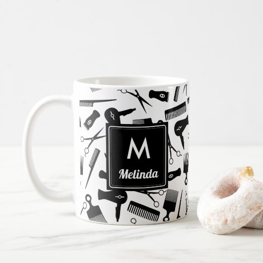 Mit Monogramm Schwarz-weißes Haarmuster Kaffeetasse (Mit Donut)