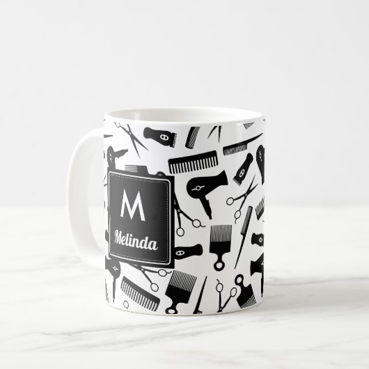 Mit Monogramm Schwarz-weißes Haarmuster Kaffeetasse (Vorderseite Links)