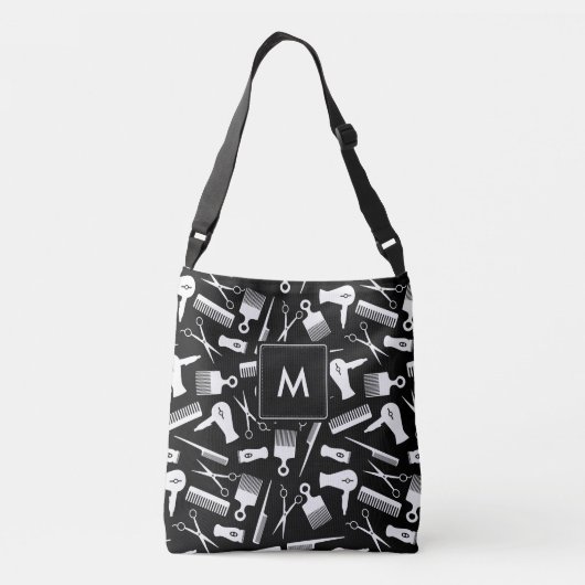 Mit Monogramm Schwarz-weißes Haarstickermuster Tragetaschen Mit Langen Trägern (Rückseite)