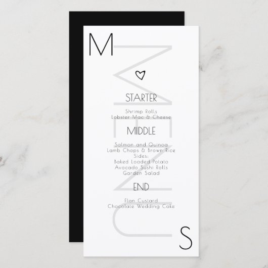 Mit Monogramm Schwarz-weißes Heart Wedding Menu (Vorne/Hinten)