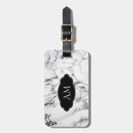 Mit Monogramm Schwarz-weißes Marmorsteinmuster Gepäckanhänger (Vorderseite vertikal)