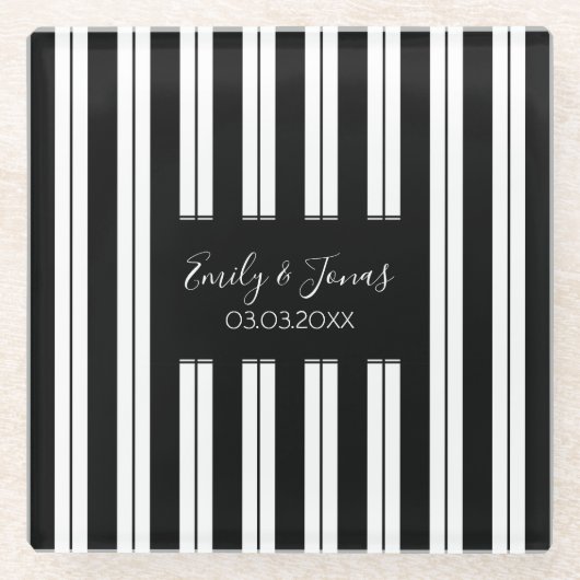 Mit Monogramm schwarze und weiße Linien und Streif Glasuntersetzer (Vorderseite)