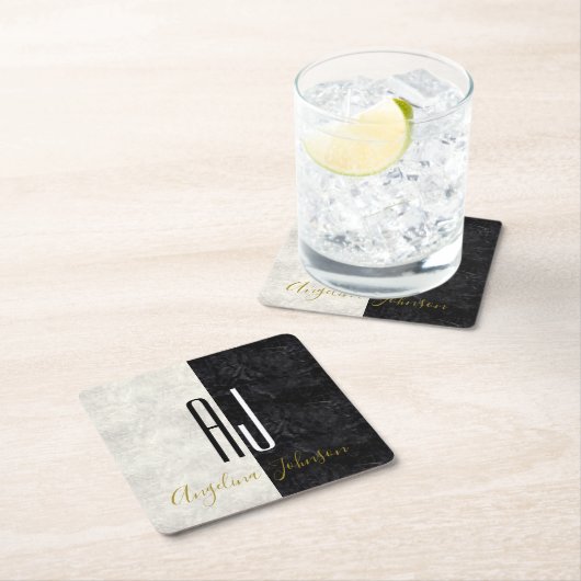 Mit Monogramm schwarzer und weißer Marmor Rechteckiger Pappuntersetzer (Vor Ort)