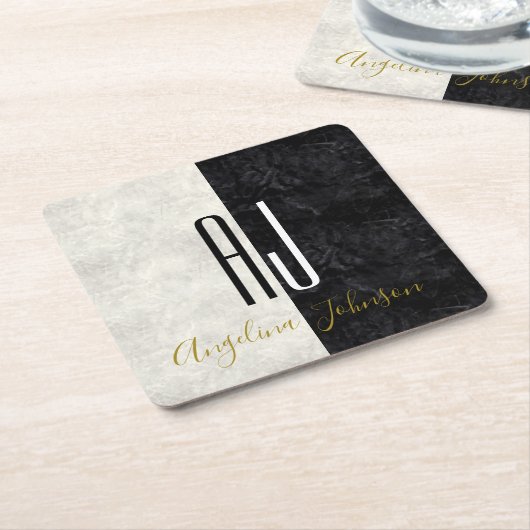Mit Monogramm schwarzer und weißer Marmor Rechteckiger Pappuntersetzer (angewinkelt)