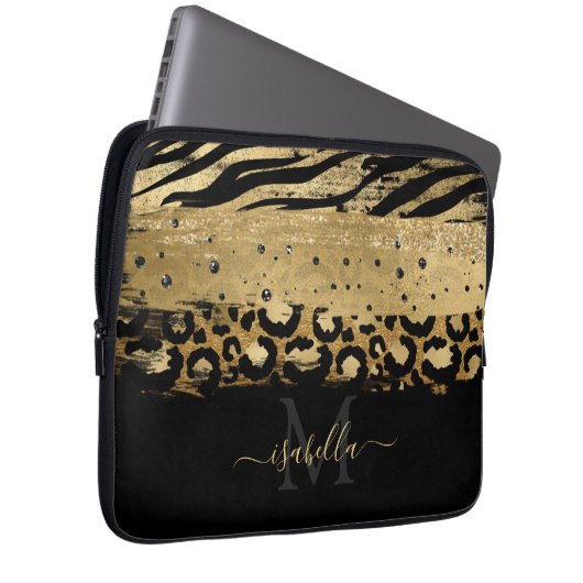 Mit Monogramm Schwarzes Gold Elegantes Script Gold Laptopschutzhülle (Vorne Rechts)